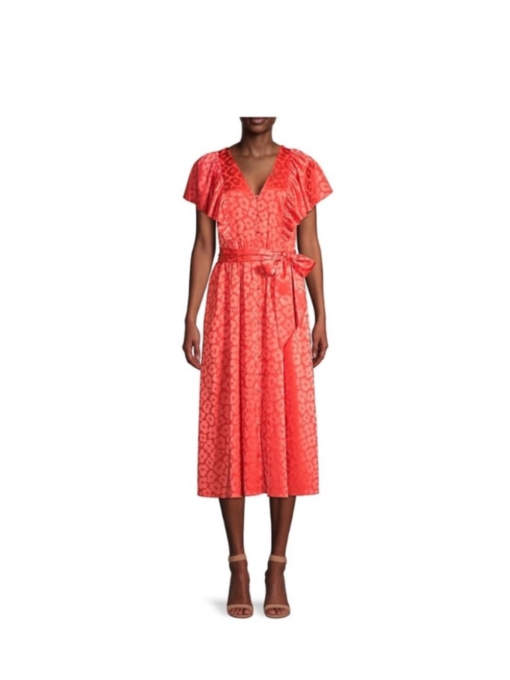 Kate Spade Poppy Field Coral Floral-Textured V-Neck Midi Dress with Tie Waist